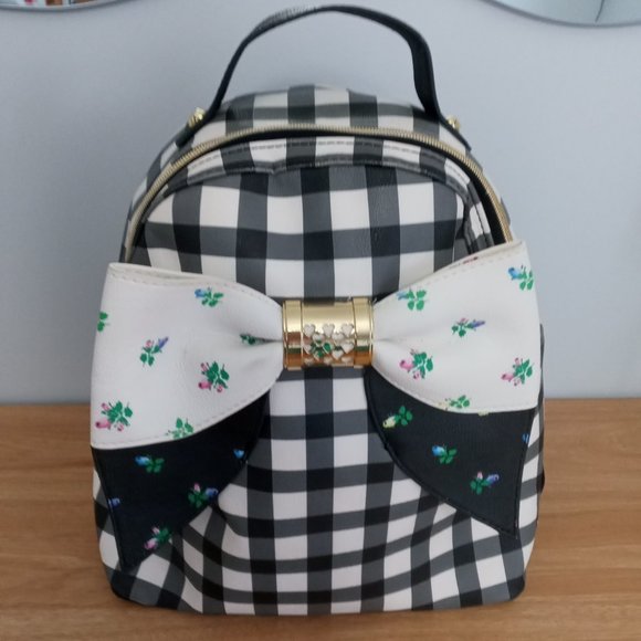 Betsey Johnson Backpack Black and White Gingham Design with Big Rosebud Bow - Picture 1 of 6